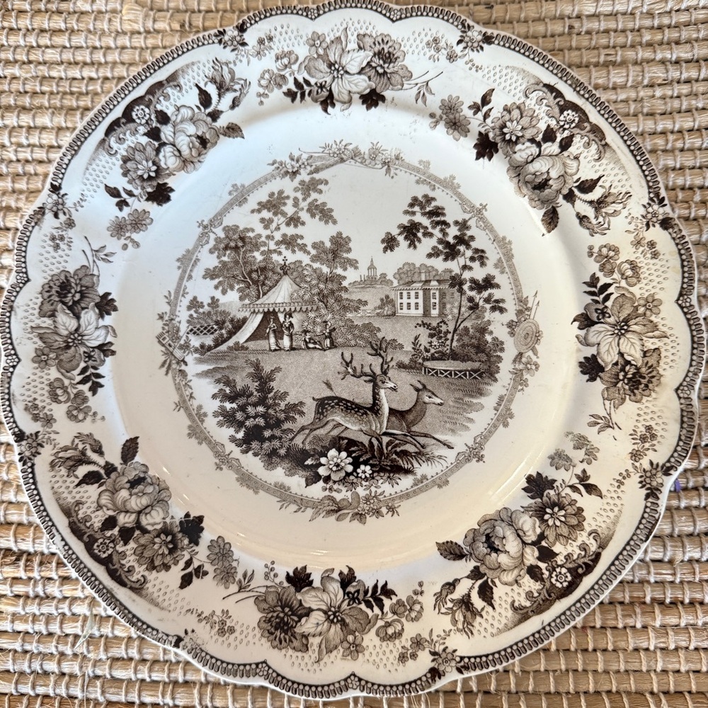Antique Herculaneum Black Transferware Plate Archery Pattern c. 1833-1836